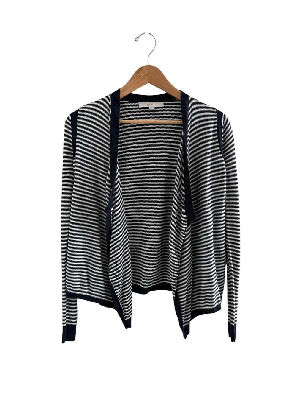 LOFT Navy & White Striped Open-Front Cardigan
